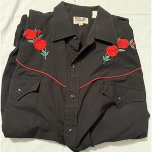 Vintage Ely Cattleman Black Shirt with Red Rose Embroidery